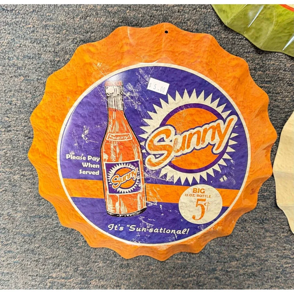 Set of 3 Retro Metal Bottle Cap Signs Sunny Soda Limeade Ice Wall Decor Tin 12in